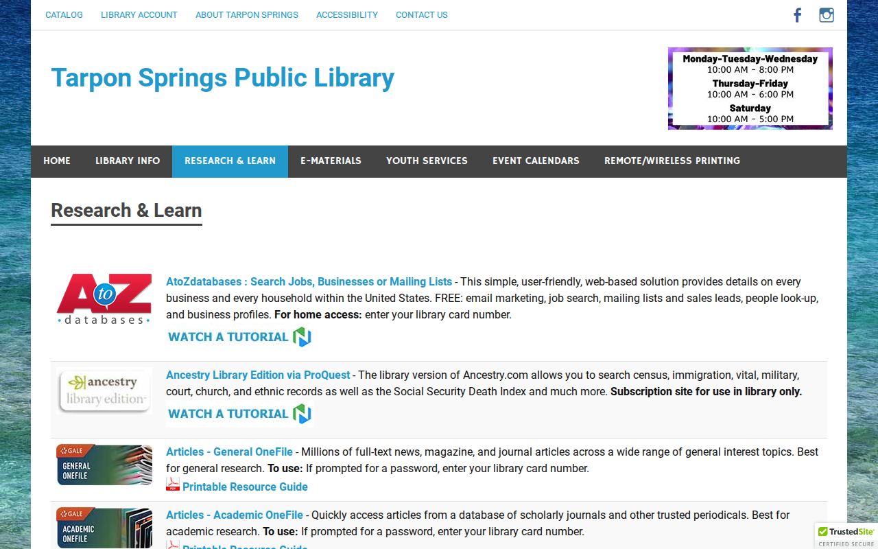 Tarpon Springs city directory library research resources