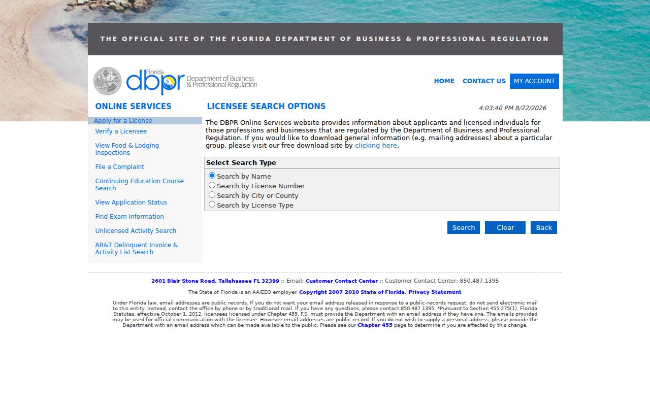 Florida professional license verification portal used for Tarpon Springs resident research