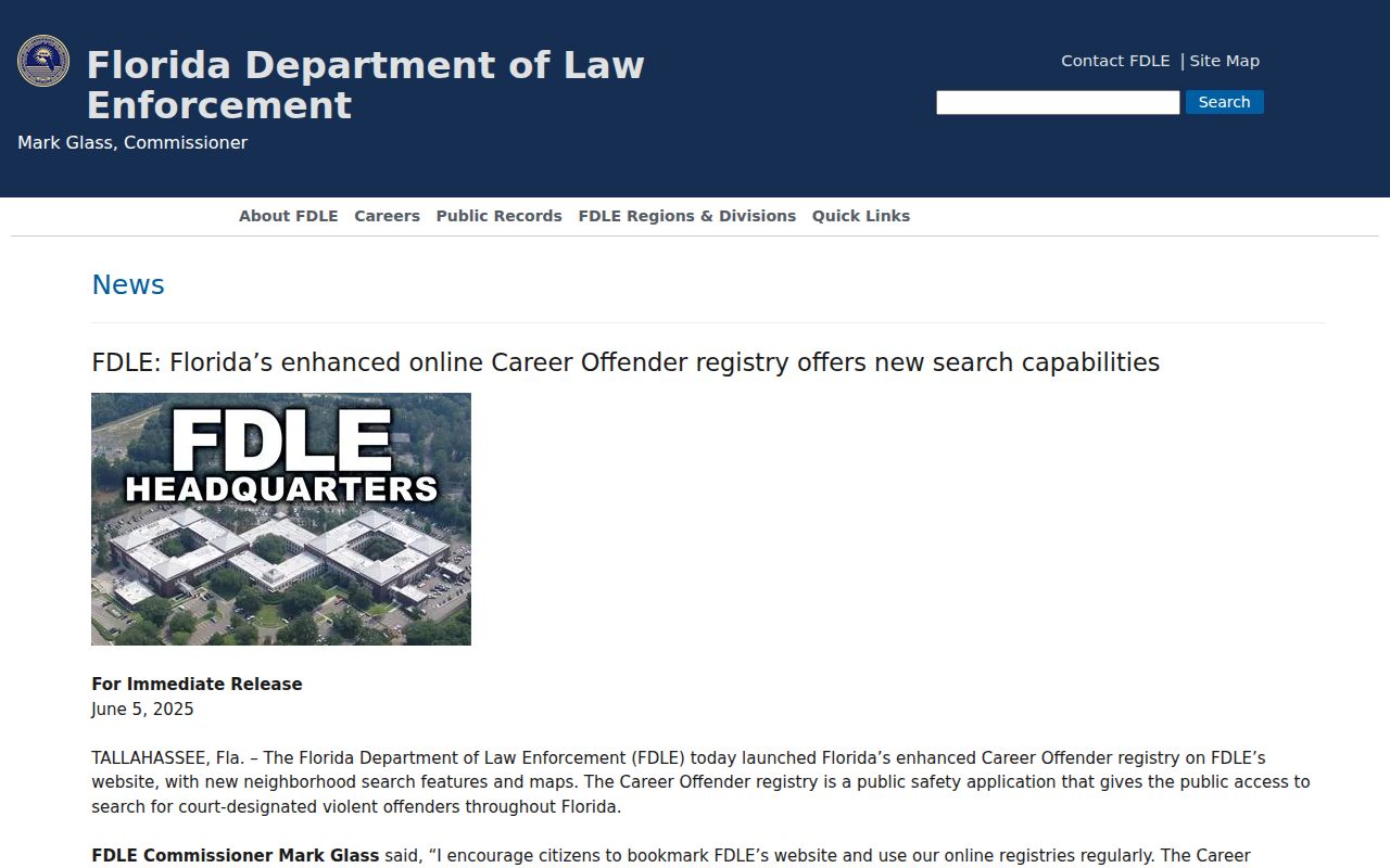 FDLE announcement about enhanced offender registry search capabilities