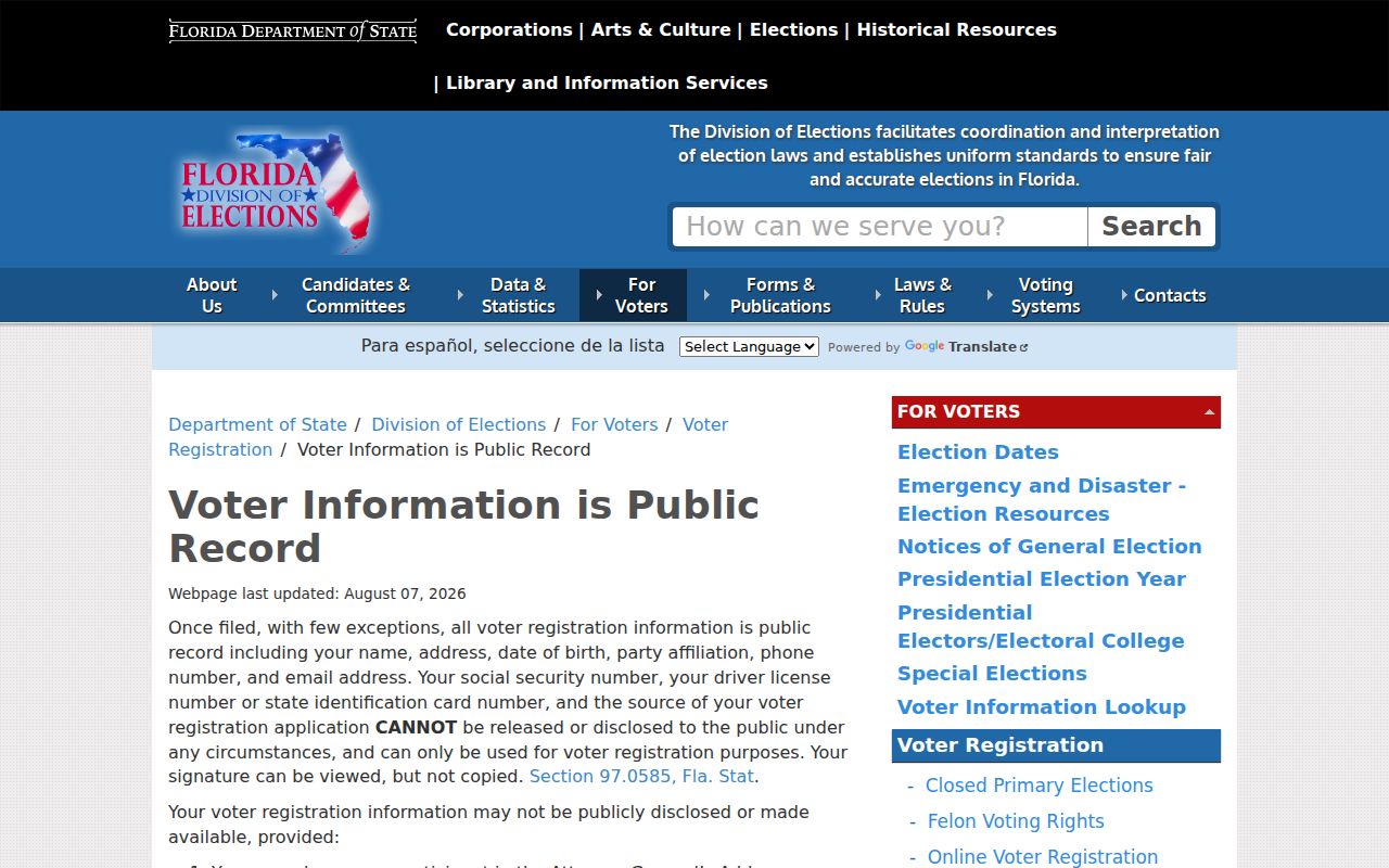 Florida Division of Elections guidance on public voter-registration information