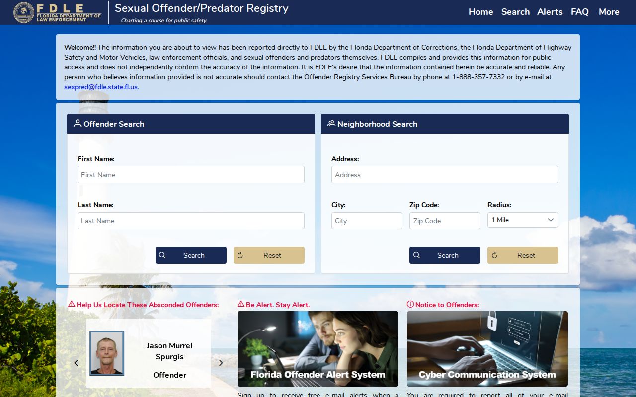 Florida FDLE offender registry geographic search interface