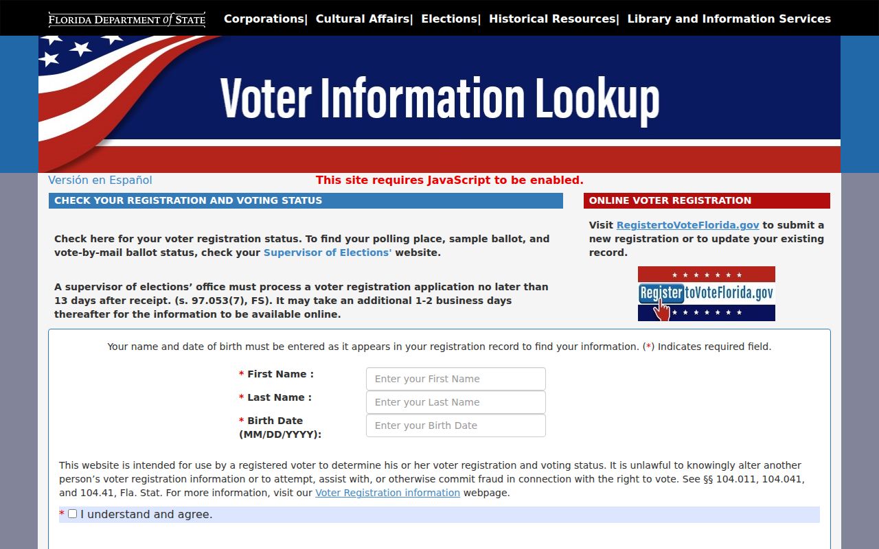 Tarpon Springs resident lookup Florida voter status screen