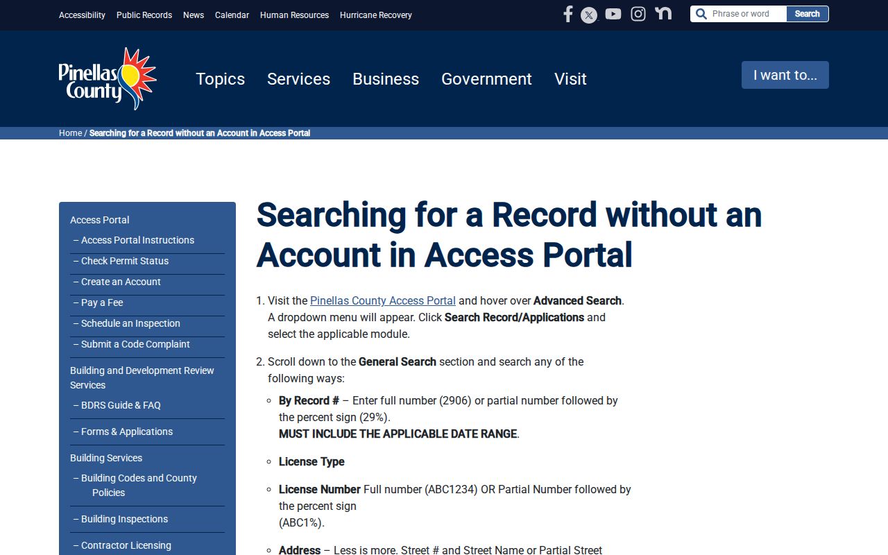 Pinellas portal instructions for Tarpon Springs address records
