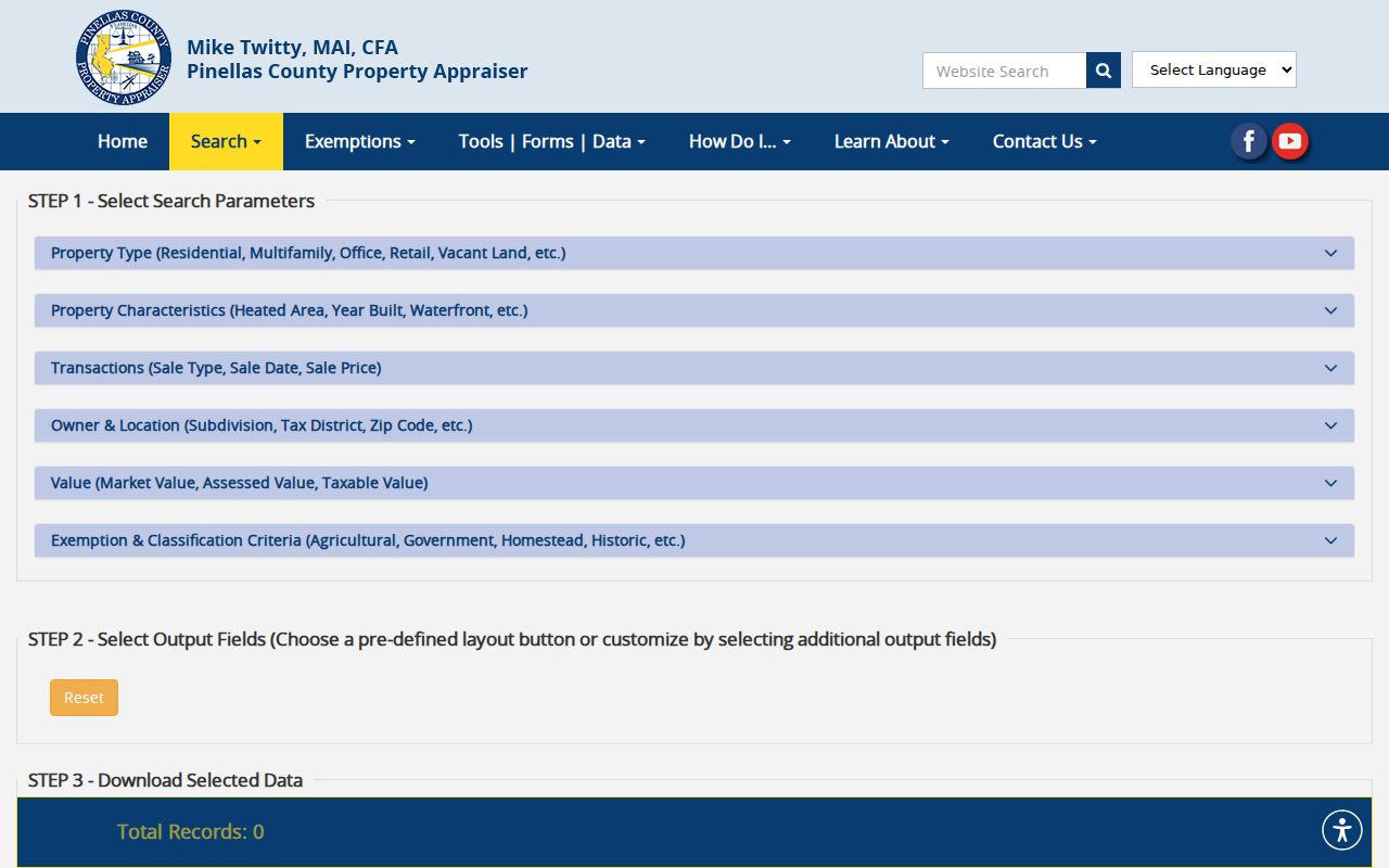 Pinellas County Property Appraiser advanced search with ZIP and property filters